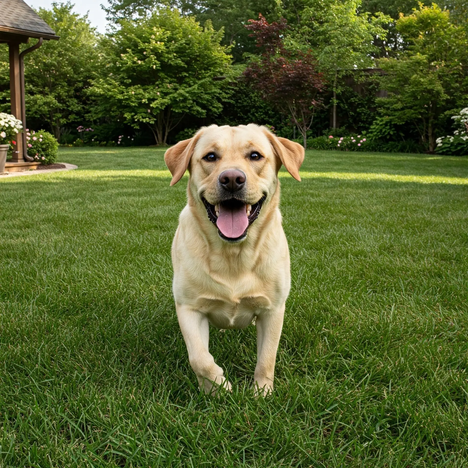 Happy dog in clean backyard